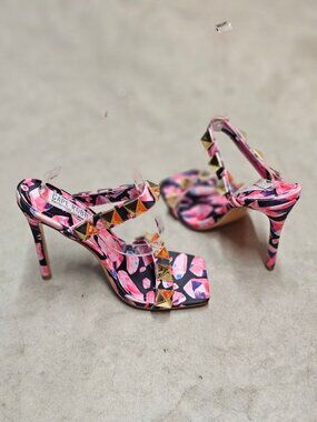 Pink & Gold Studded High Heel Sandals With Floral Pattern Open Toe Stiletto Heel